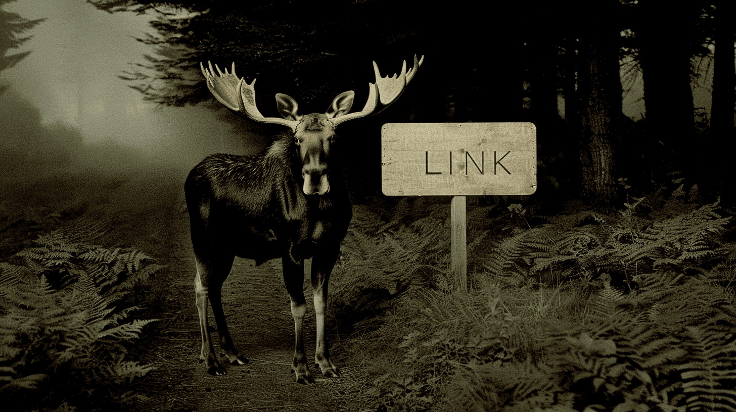 AI generated: A majestic moose standing in a dense forest, with a rustic wooden sign hanging from its antlers that...