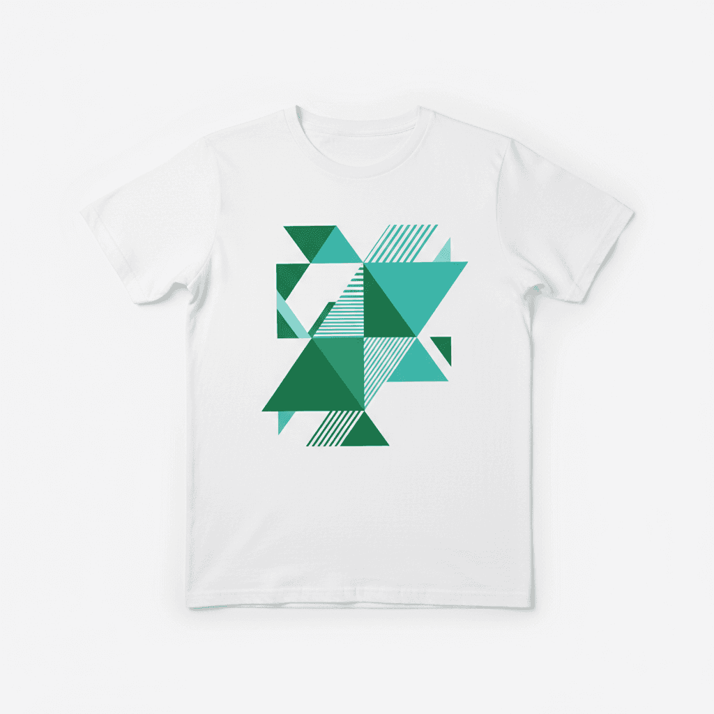 AI generated: White t-shirt on white backdrop. Large centered vector geometric design using green, white, and blue...