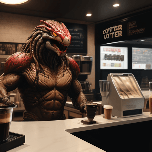 AI generated: a predator order coffee at coffee counter