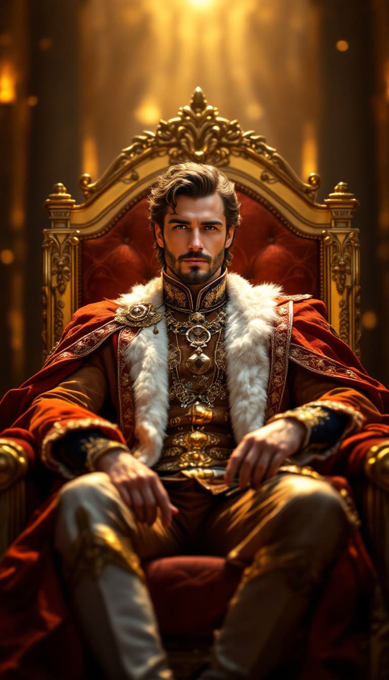 AI generated: A man European nationality, 30 years old  in a royal outfit, sitting on a luxurious throne, bright g...