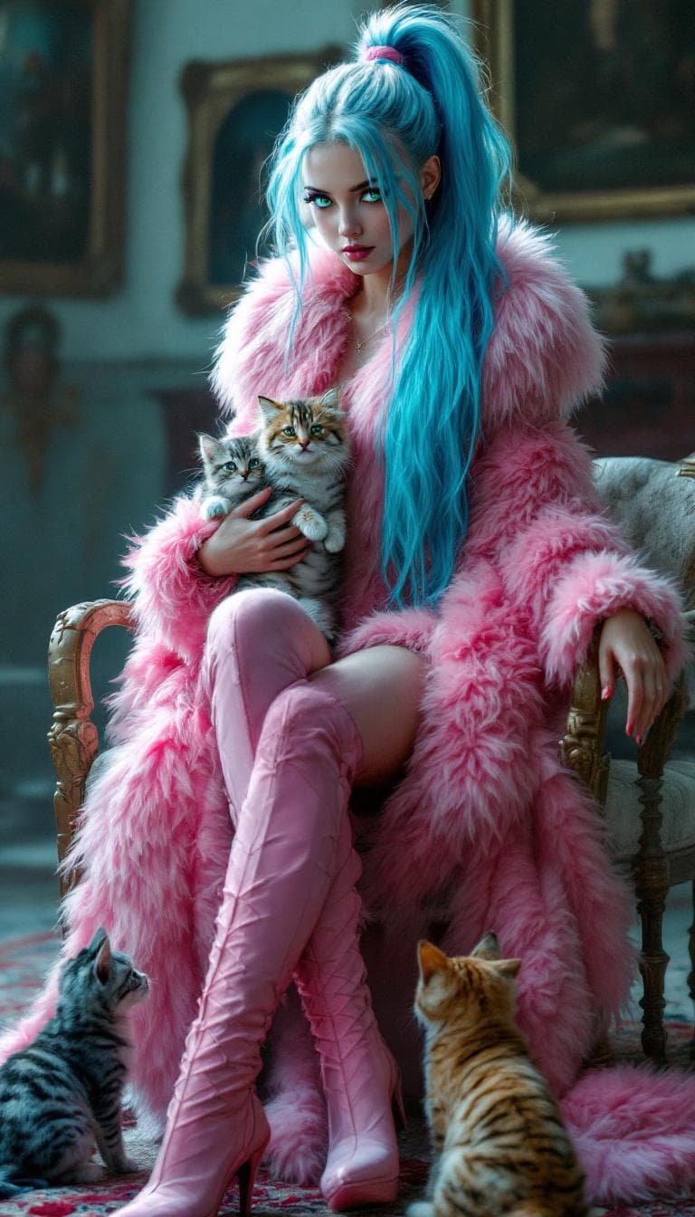 AI generated: Evergarden, full body open furry costume with feet, girl with kittens and ponytail, tiger eyes, extr...