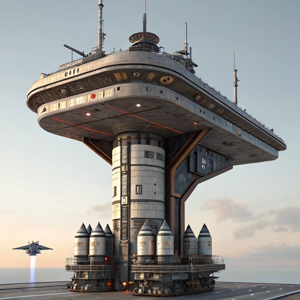 AI generated: A highly detailed concept art of a futuristic spaceship, designed in a vertical configuration with a...