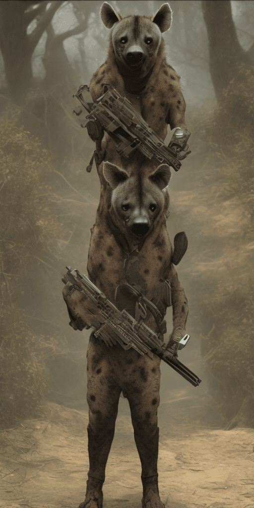 AI generated: A menacing hyena terrorist wearing rag-tag attire, holding a customized rifle, anthropomorphic, supe...