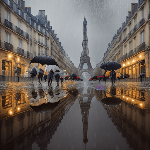 AI generated: A photorealistic image of a Parisian street on a rainy day, with the Eiffel Tower towering majestica...