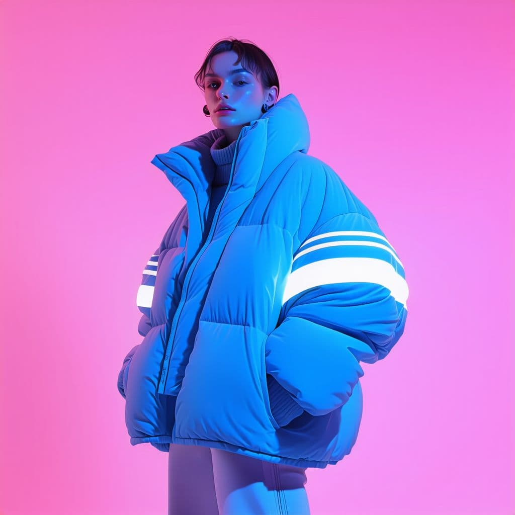 AI generated: oversized puffer jacket inspired by Maje in Skyblue with white stripes that run parallel , pink ligh...