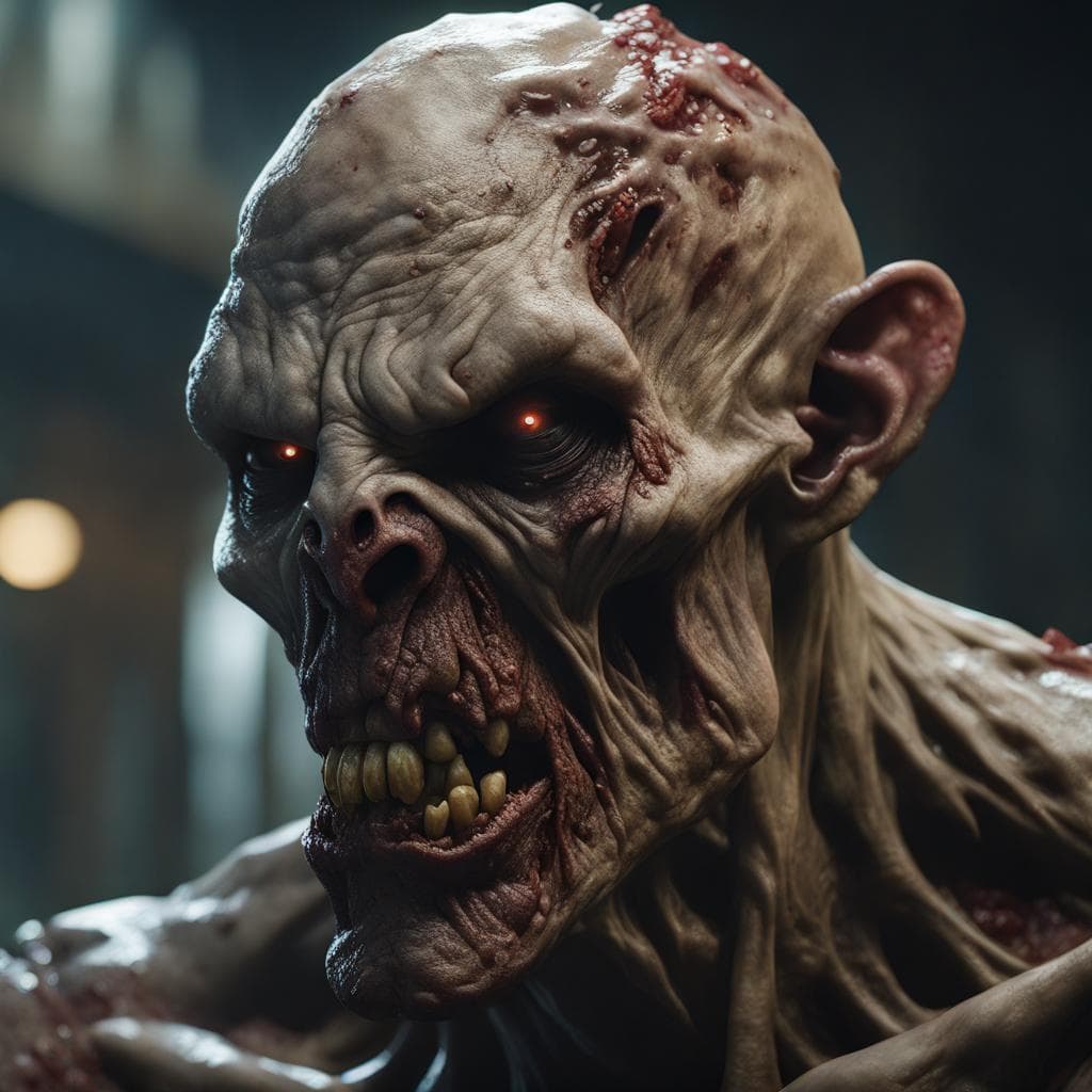 AI generated: a gruesome portrait of a  zombie by Greg Rutkowski, mutated nose, angry exposed mouth, 8k, photoreal...
