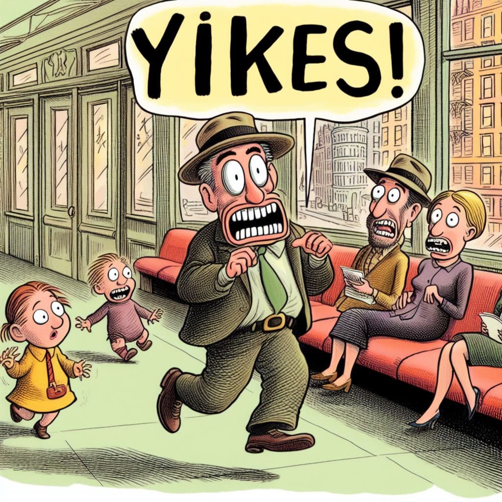 AI generated: A New Yorker cartoon that illustrates the term "Yikes!"