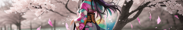 AI generated: A beautiful girl wears a colorful kimono made of paint and has thick, long hair adorned with jewelry...