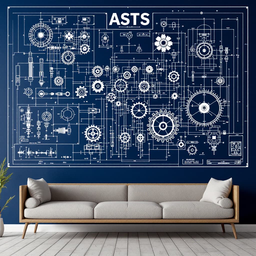 AI generated: “A wall-sized engineering blueprint featuring gears, levers, and mechanical schematics, white lines ...