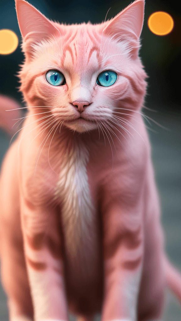 AI generated:   Portrait photo of pink cat with fill of lightening colors, cute eyes, light bokeh, intricate, (ste...