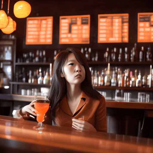 AI generated: girl in the bar looking away, in the style of hallyu, soft, romantic scenes, zeiss batis 18mm f/2.8,...