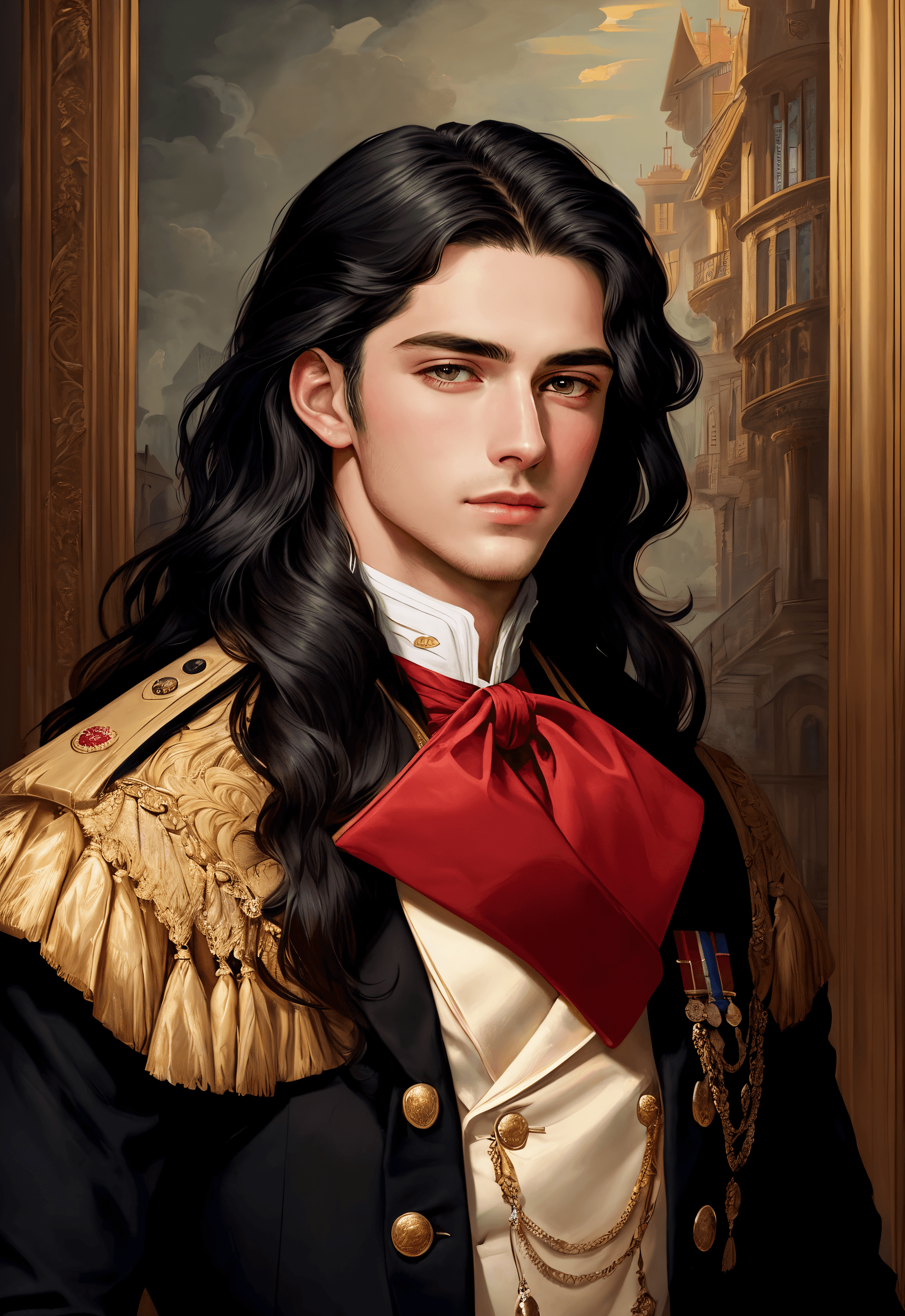 AI generated: Award winning illustration of a mature young man, Black long hair, black eyes, aristocrat, uniform, ...