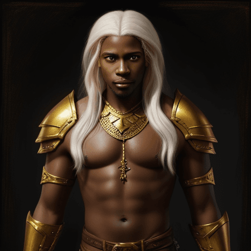 AI generated: Dungeons and dragons, fantasy, black man with shiny golden hair, no pupils, painterly, magical