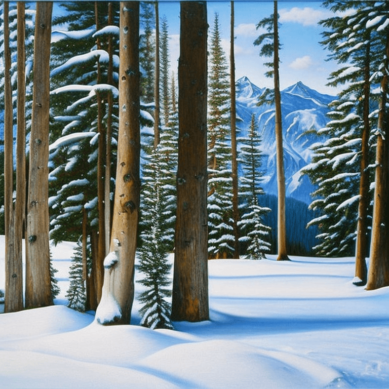 AI generated: photorealistic oil on canvas of some trees in some snow on a mountain, shutterstock, Canadian scene ...