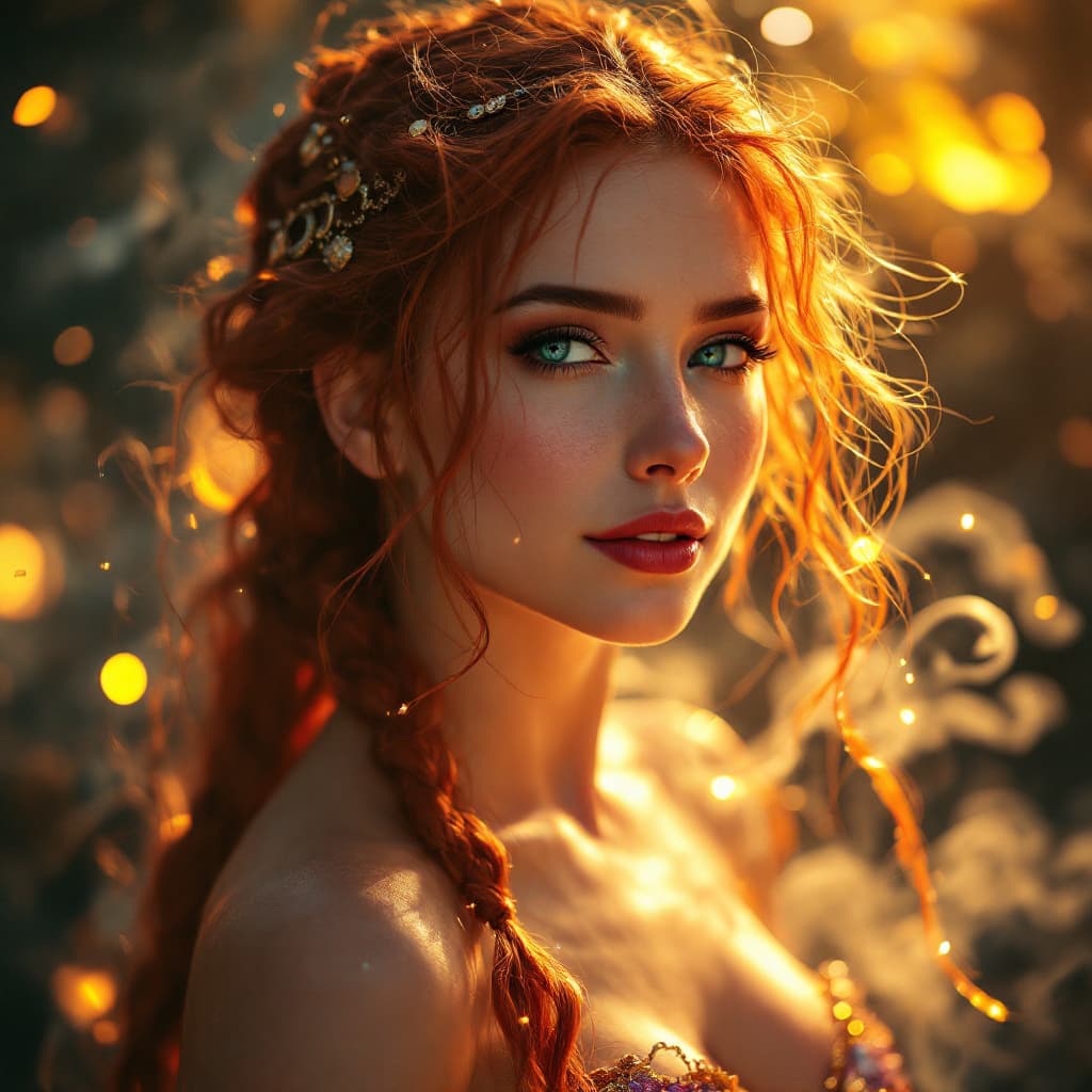 AI generated: A close up a sultry cyberpunk divine element, her skin aglow with magical light, her eyes pools of l...