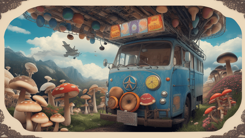 AI generated: High resolution photography air ticket, with draw of mushrooms, happiness, colorful, name of the pas...