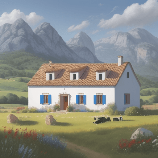 AI generated: Realistic paint. A countryside house in a classic Catalan style. Surrounded by small mountains and m...
