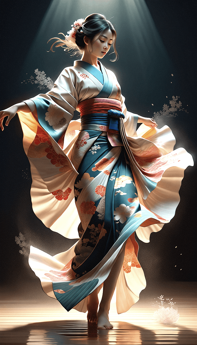 AI generated: Digital painting of a beautiful young Japanese woman, dancing, kimono is crafted with waves and laye...