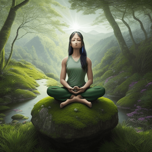 AI generated: "Tranquil Mountain Retreat": Visualize a serene yogi meditating amidst the lush greenery of a peacef...