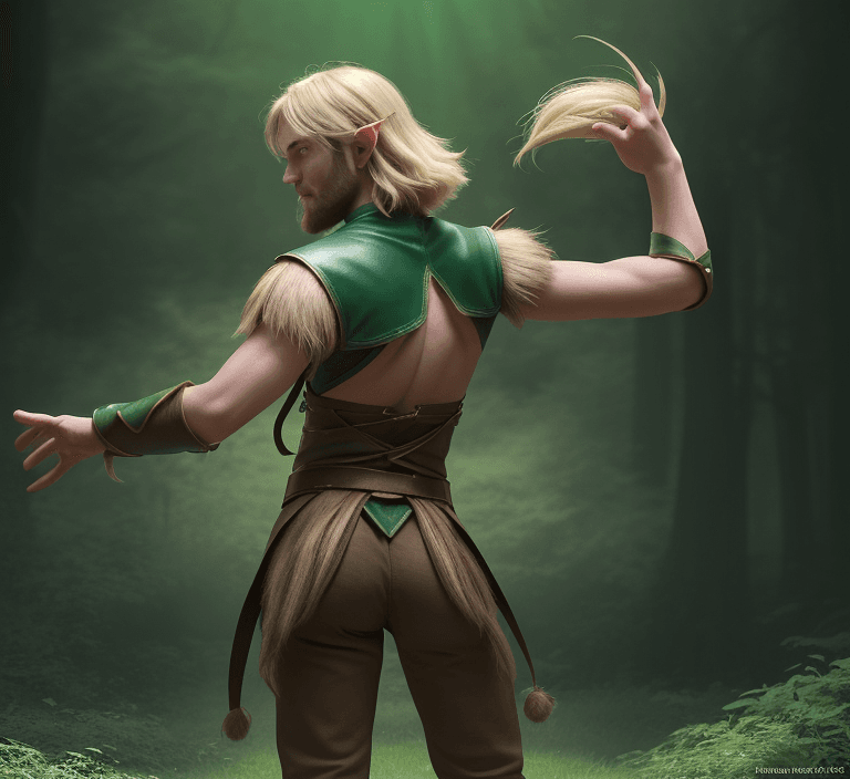 AI generated: high detailed professional full body photo in dynamic pose of a young half-elf archer seen from behi...