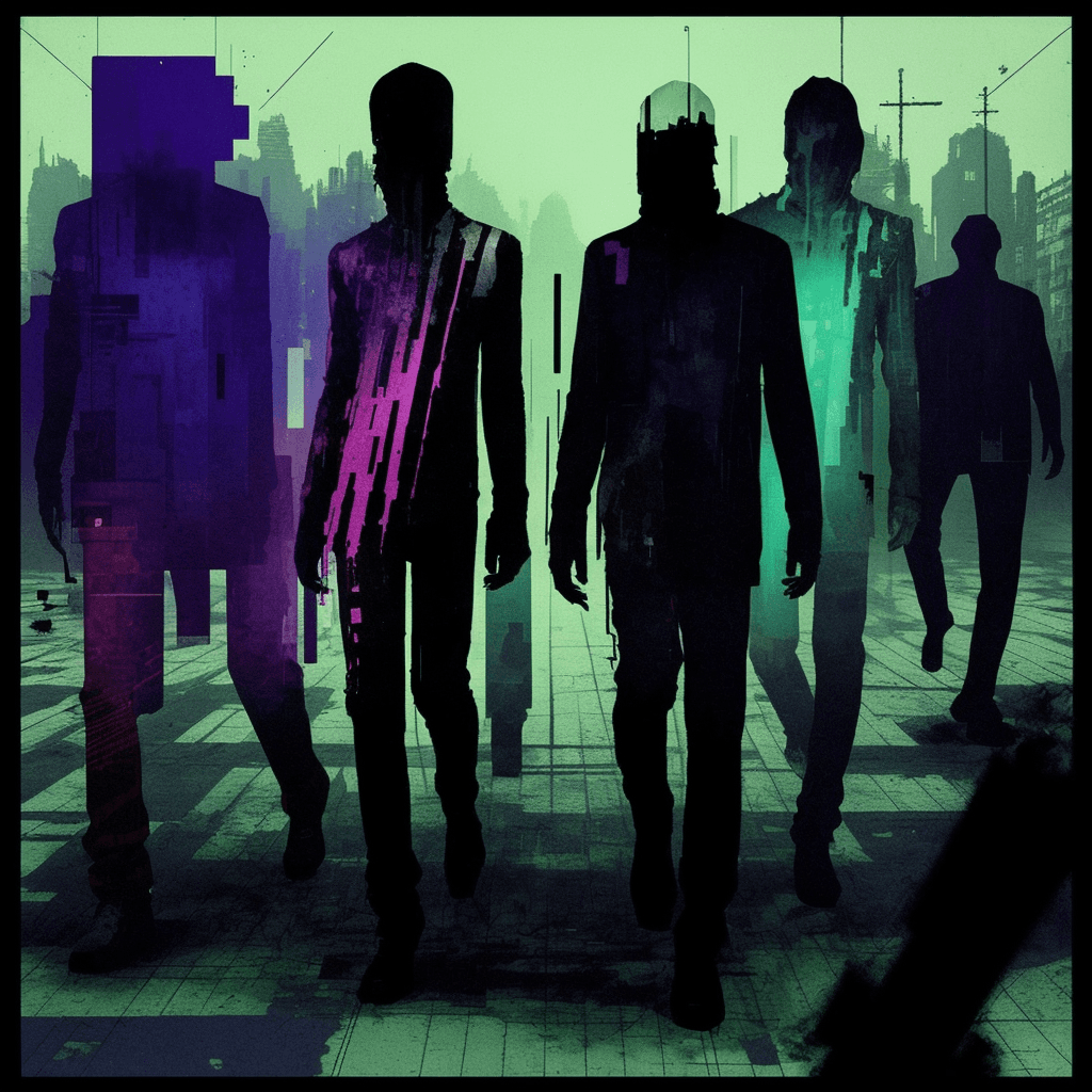 AI generated: zombie abstract crowded streets illustration, glitch effects, fading, by Guy Denning, by Johannes It...