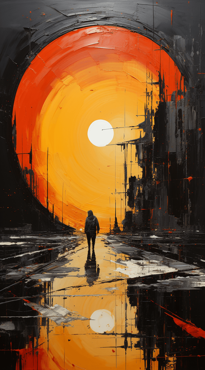 AI generated: the painting is colored in orange, black and yellow, in the style of complex compositions, dark whit...