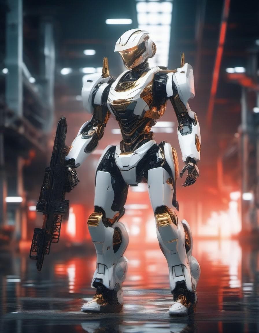 AI generated: female (soldier robot:1.8), (machine body:1.8), (full body:1.8), hold weapon,  futuristic, (helmet r...