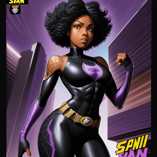AI generated:  comic book art, a black girl with curly dark hair, athletic body, black bodysuit and purple owl log...