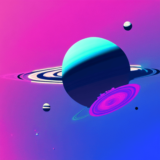 AI generated: minimalistic, 2d, Saturn-like planet in cyberpunk vibrant pink and blue colors, space grey plain bac...