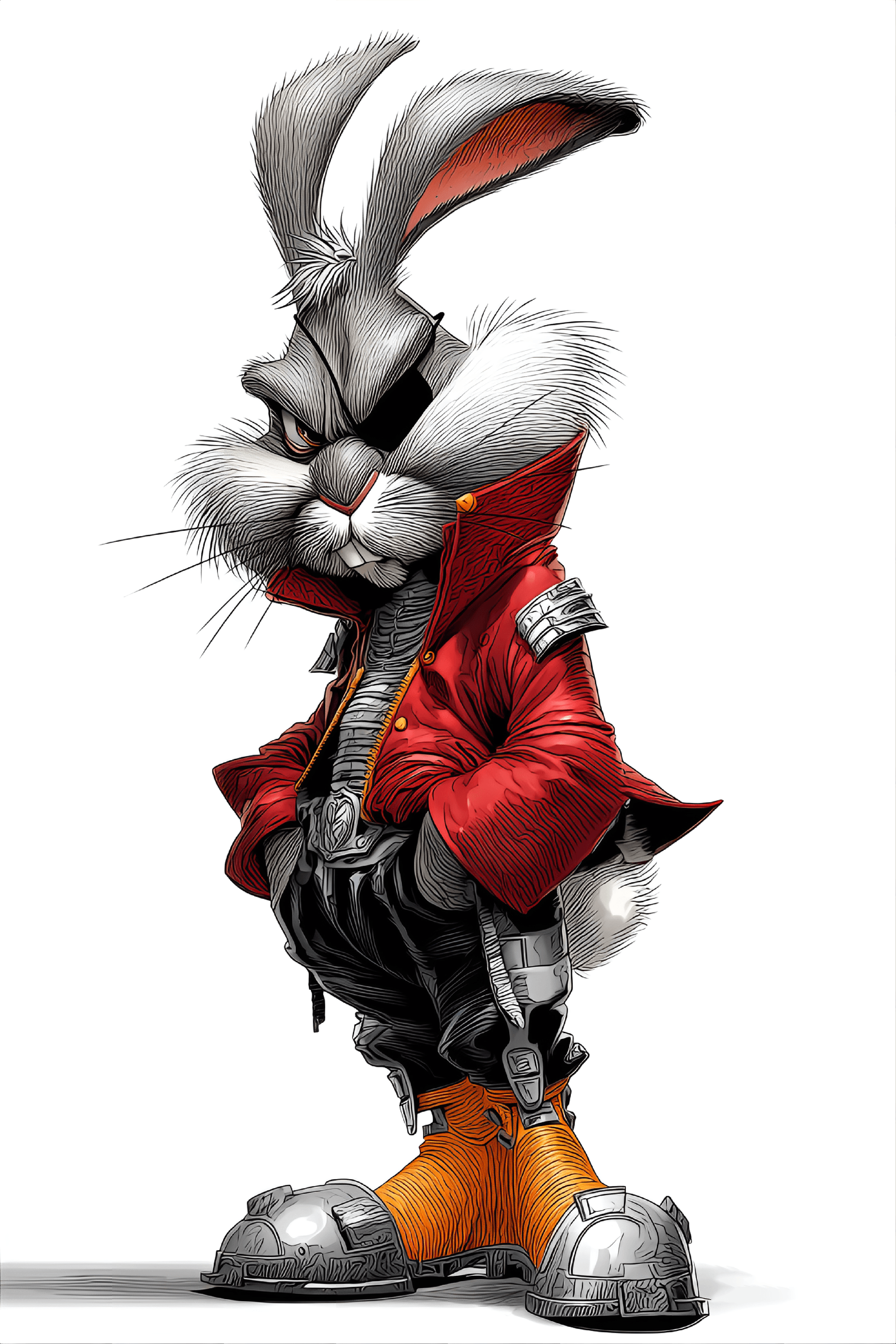 AI generated: funny caricature, fantasy rabbit caricature, genderless fantasy creature, ageless, furry, scar over ...
