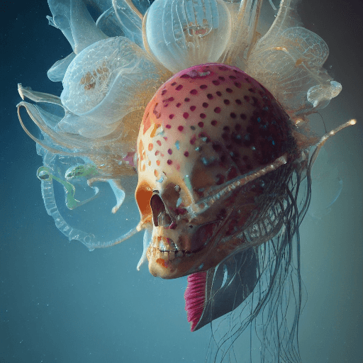 AI generated: Goddess close-up portrait ribcagel. jellyfish phoenix head, nautilus, orchid, skull, betta fish, bio...