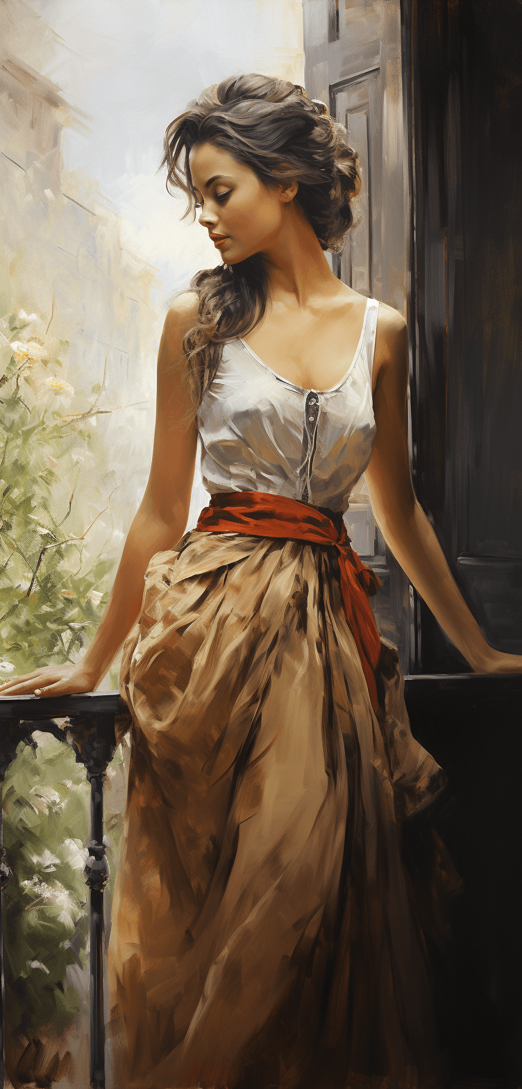 AI generated: a masterpiece oil painting of a beautiful woman sitting by a window, in the style of richly detailed...