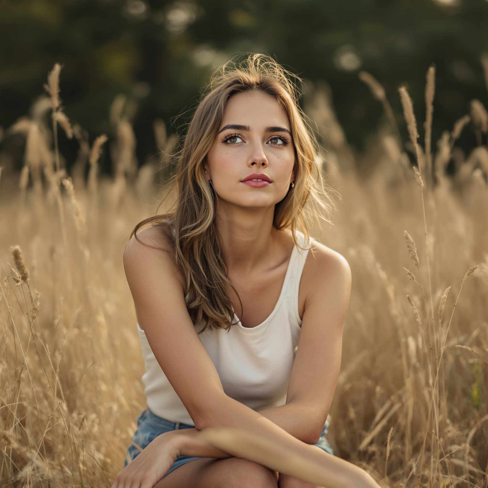 AI generated: A naturalistic outdoor portrait of a young woman seated in a field of tall dry grass in late summer ...