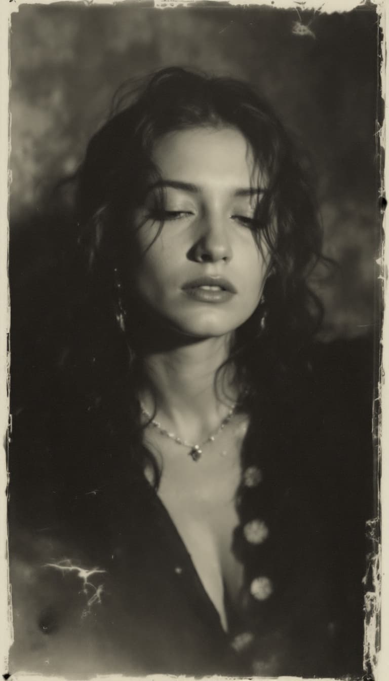 AI generated: woman, old polaroid photo, sad mood, b&w
