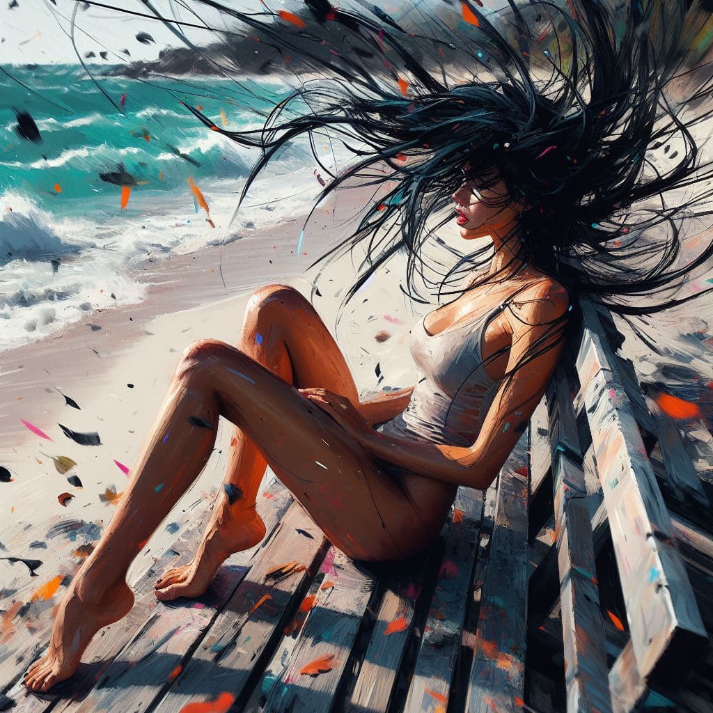 AI generated: aesthetic, painterly style, modern ink, urbanpunk, A high ground angle shot, a pretty woman (black h...