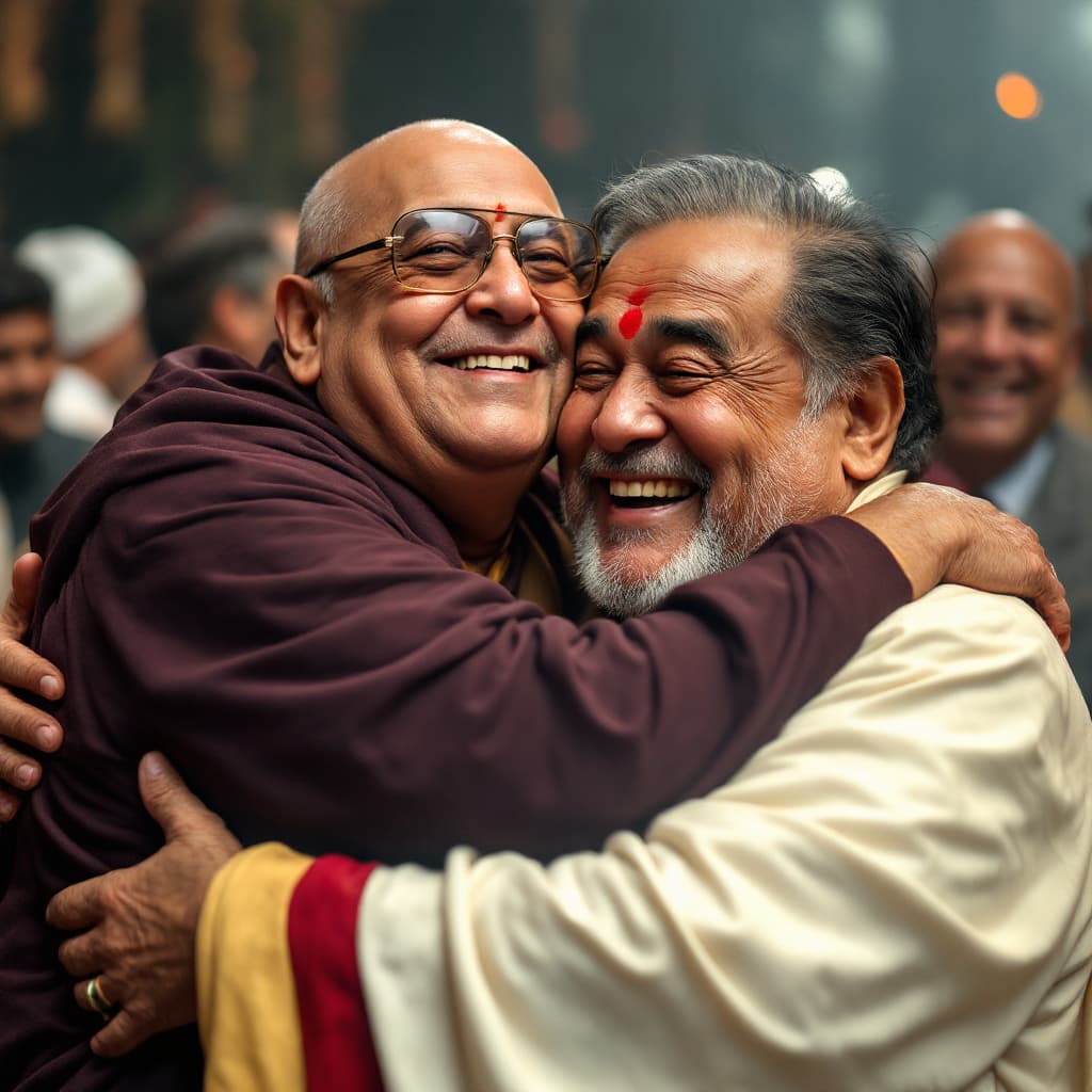 AI generated: maradona hugging dalai lama in the midlee of the big party