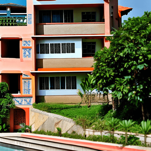 AI generated: A house in urban bangalore in Geoffrey Bawa style that has a large vertical element. The Structure's...