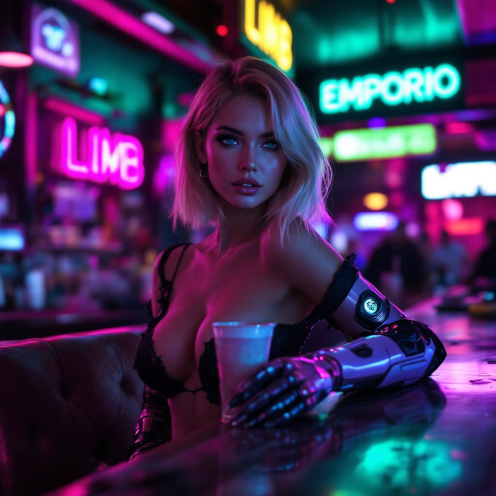 AI generated: A woman is sitting at the counter of a futuristic cyberpunk bar, wearing stylish clothing and a cybe...