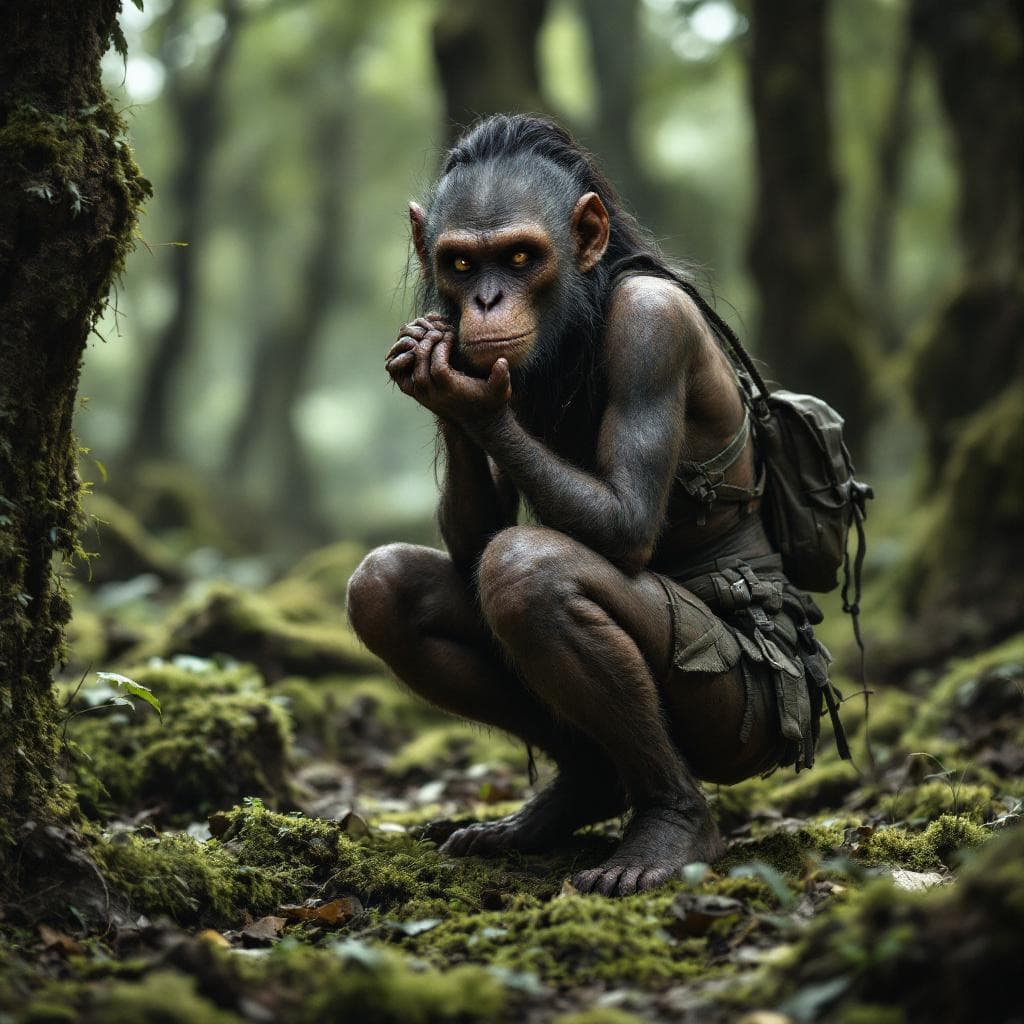 AI generated: hominid slightly more human looking female hunter gatherer crouching on mossy ground 