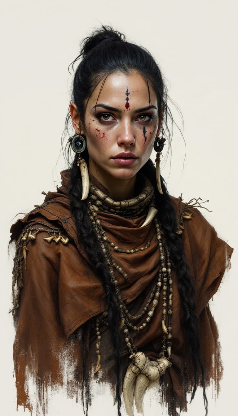 AI generated: 8. A powerful, three-quarter portrait of a woman, her face scarred but her gaze unwavering. She wear...
