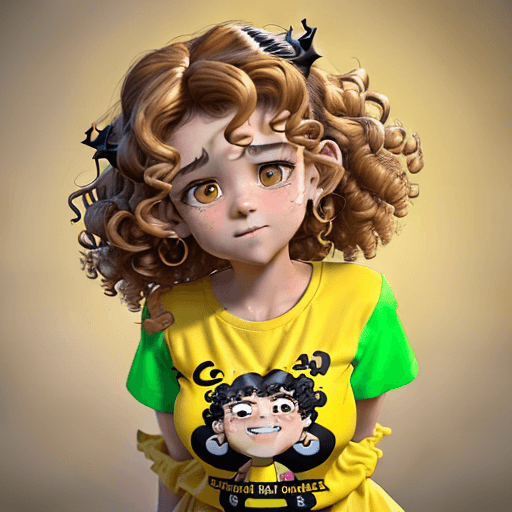 AI generated: a girl with curly hair, black hair, black eyes, happy,  and yellow shirt, shirt with tex "GABY", wov...