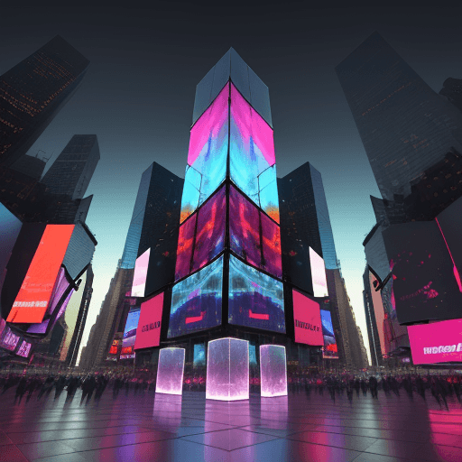 AI generated: A giant mirror cube in the middle of Times Square, deserted, without people or cars, reflecting the ...