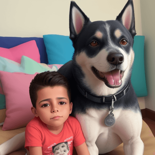 AI generated: creame una imágen de un perro con su amo e hijo del amo