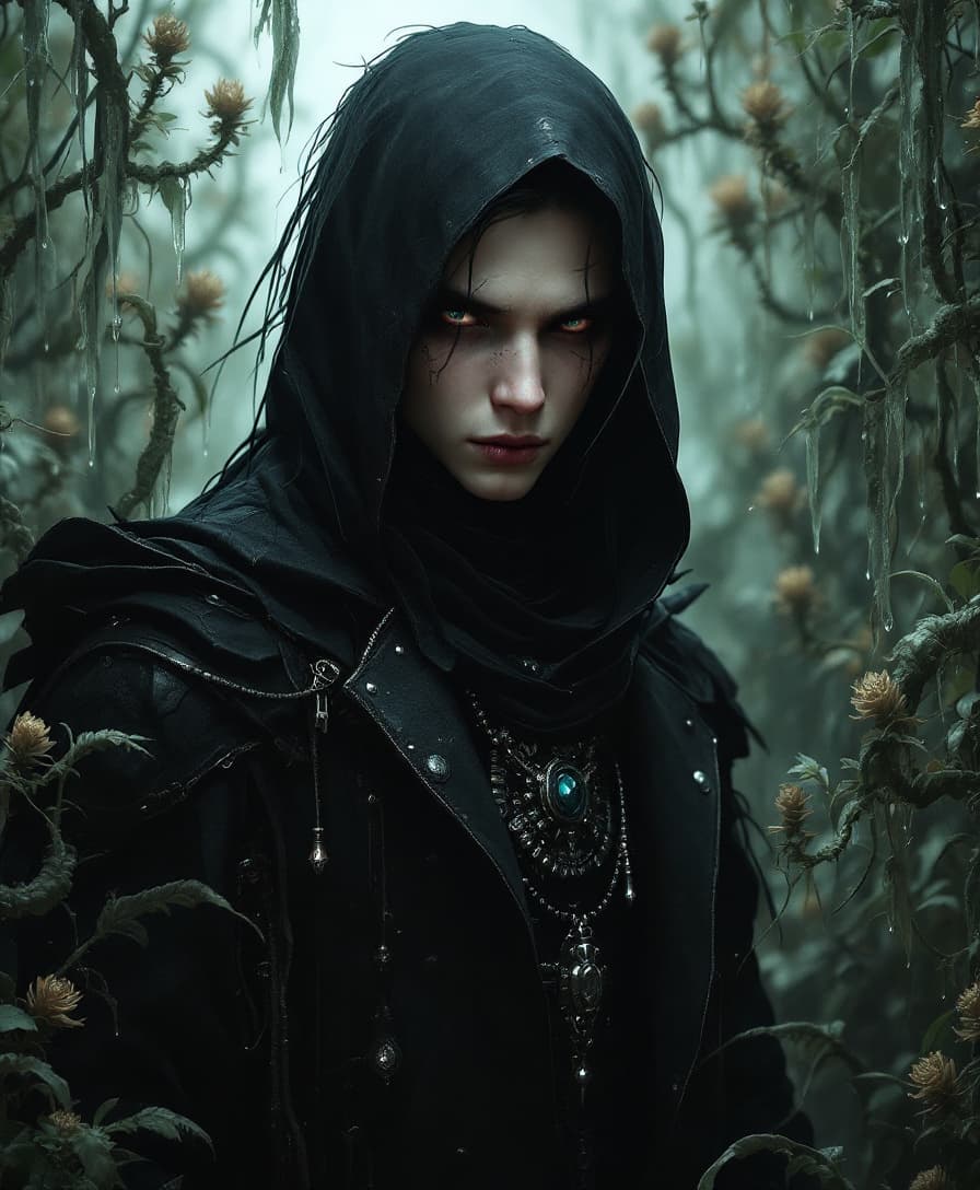 AI generated: Full height Portrait of young cyber driad gloomy, villain, centered portrait, predatory pikes even n...