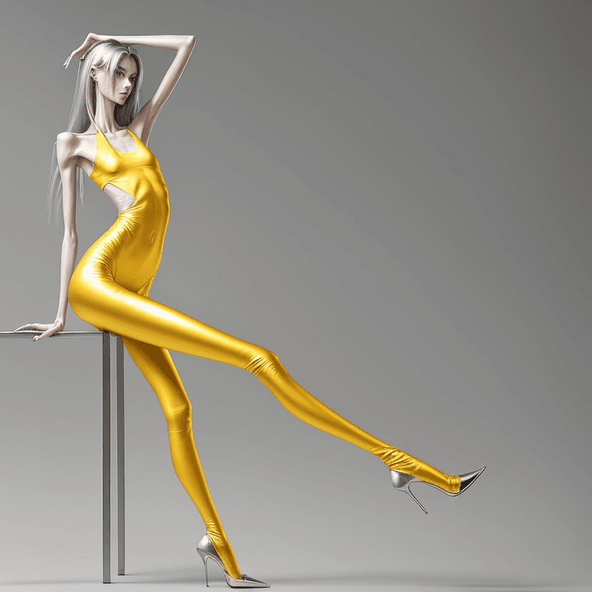 AI generated: photo of an extremely skinny, flat-chested model with extreme long and skinny legs with extreme long...