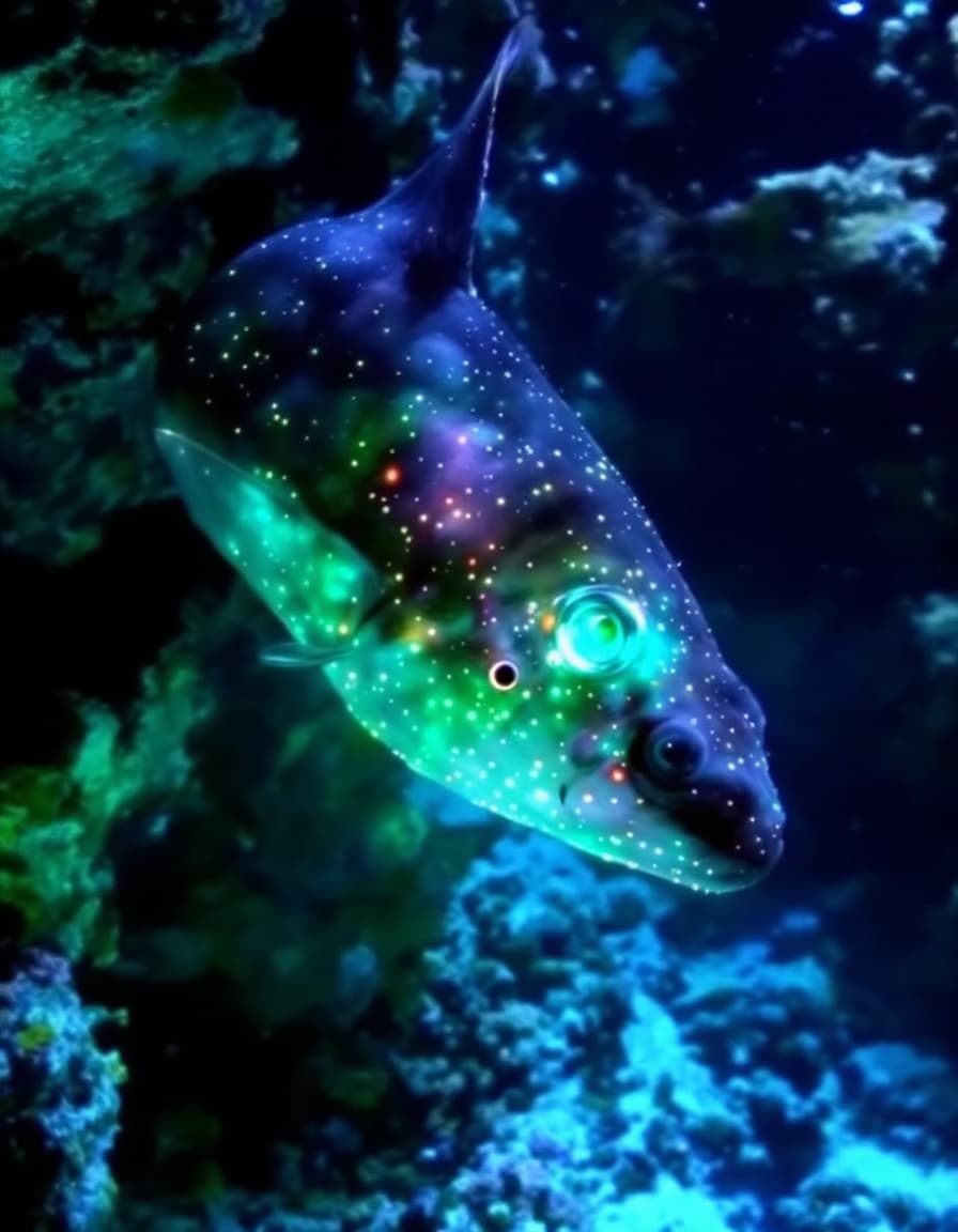 AI generated: in the deepest Pacific ocean  trenches strange fish with bio luminescence lure their prey. 