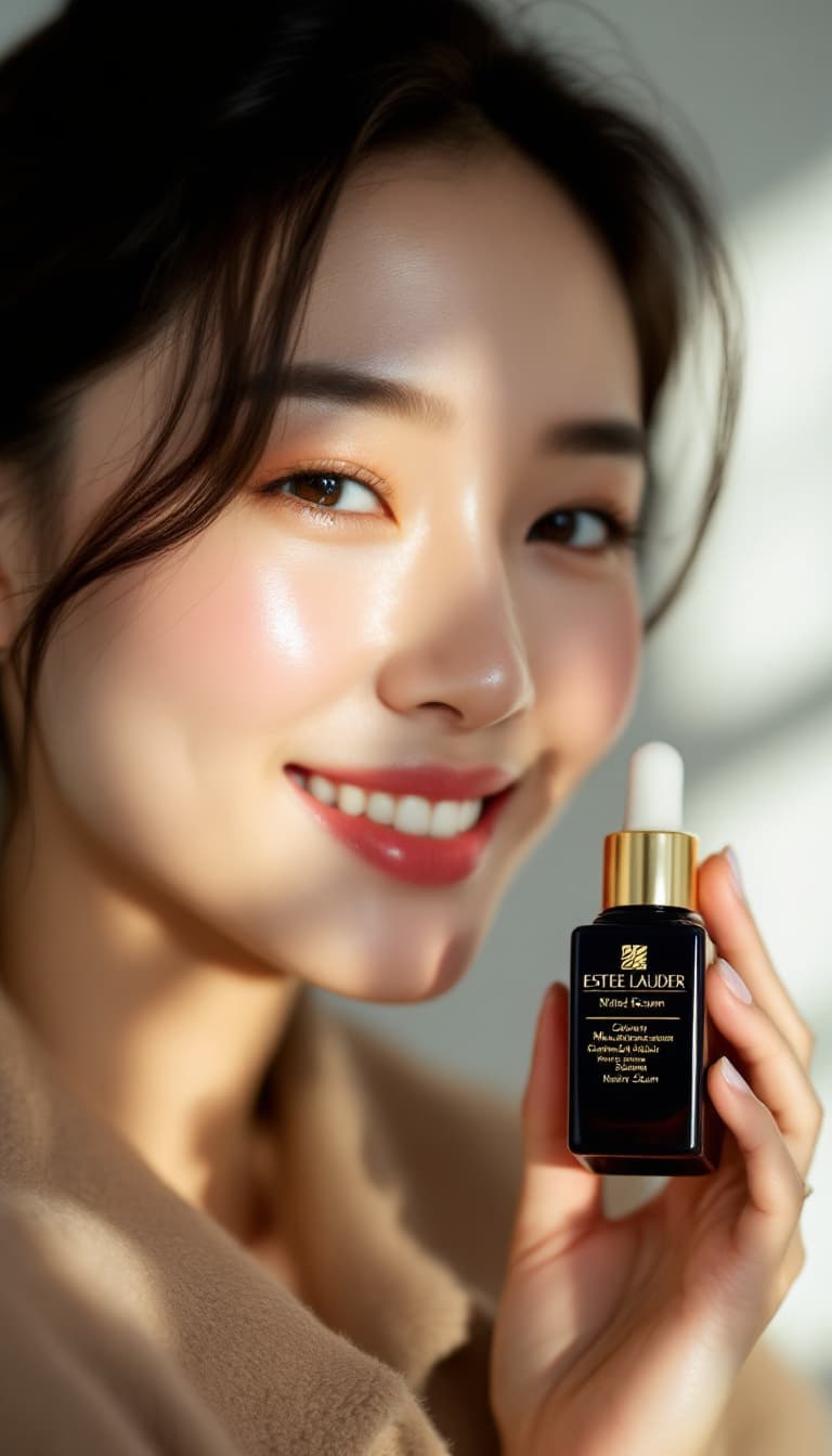 AI generated: Chinese model with happiness expression, she is holding a serum bottle near her face, set a studio s...