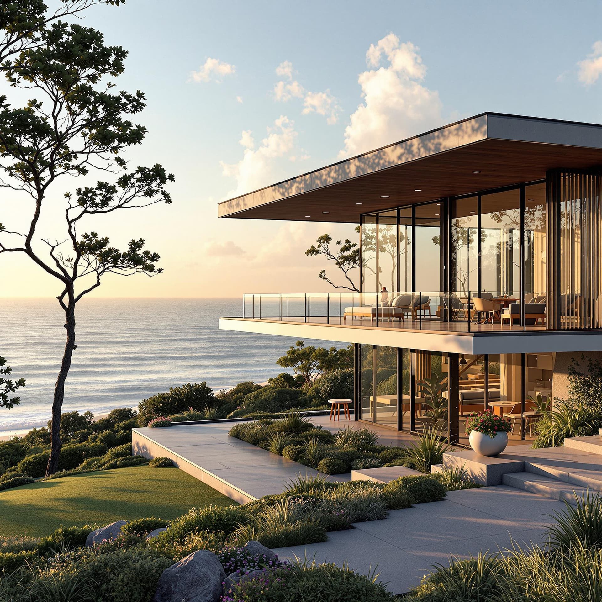 AI generated: Hyper realistic eye level exterior photo of a mid century modern style house overlooking the ocean, ...