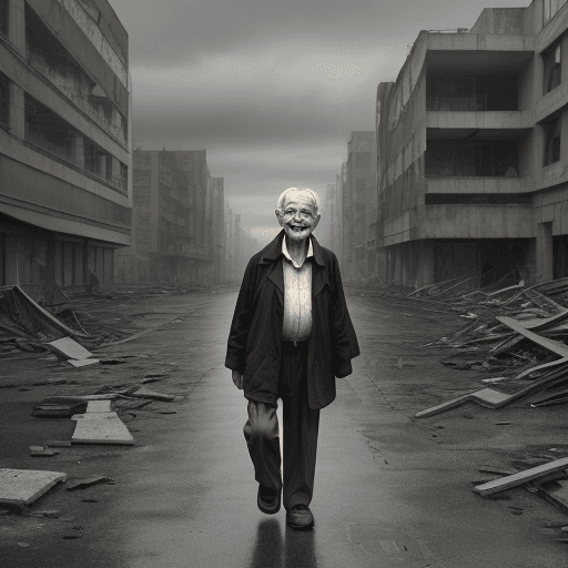 AI generated: An old man walking and facing the camera with old clothes and a subtle smile with a background of a ...