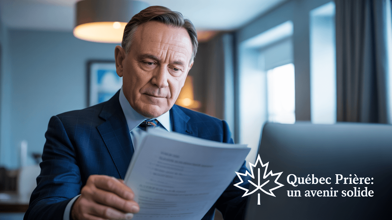 AI generated: personalitée du  quebec prime minister  francois  legeault photoi mage banner and text j.en ais ma c...